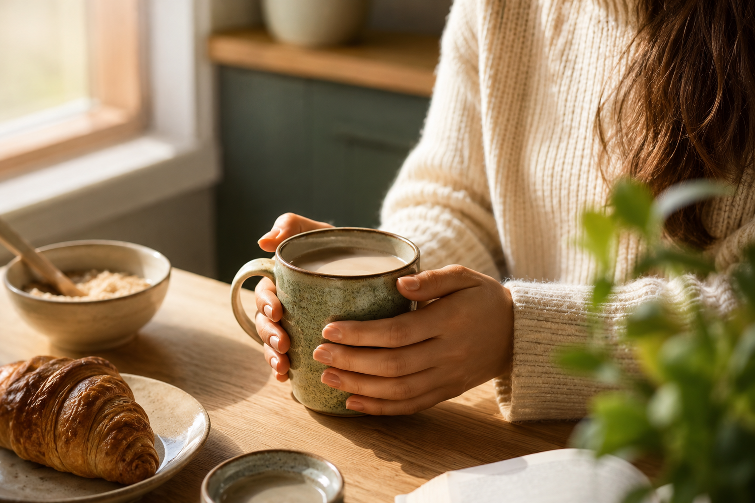 Hands wrapped around a warm mug of light milky coffee at a sunlit kitchen table