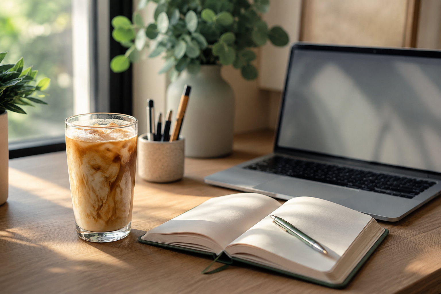 Iced coffee with milk beside an open notebook and laptop on a tidy desk