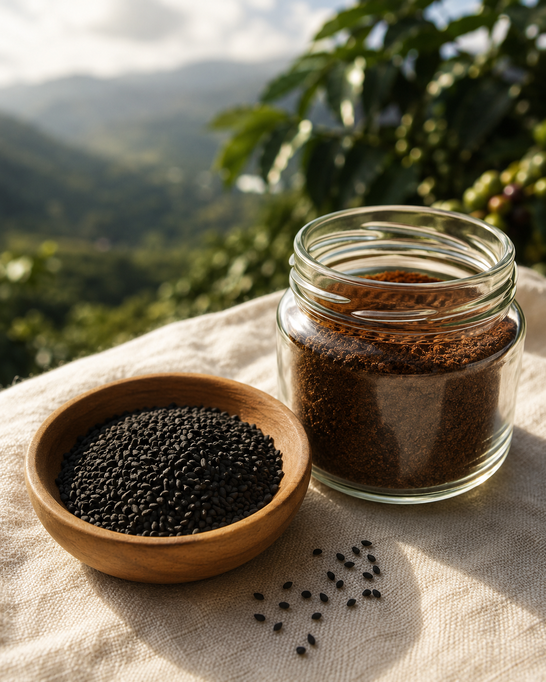 Black nigella seeds and real coarse coffee grounds