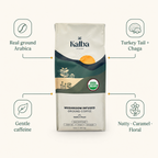 Kalba ground coffee bag with labels: real ground Arabica, Turkey Tail + Chaga, gentle caffeine, nutty caramel floral