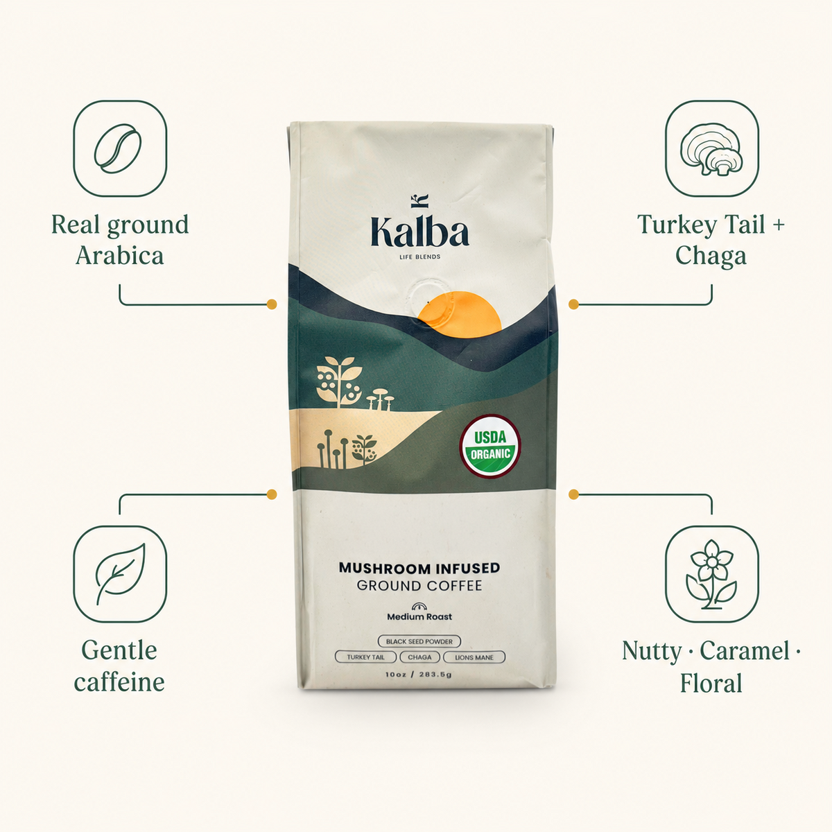 Kalba ground coffee bag with labels: real ground Arabica, Turkey Tail + Chaga, gentle caffeine, nutty caramel floral