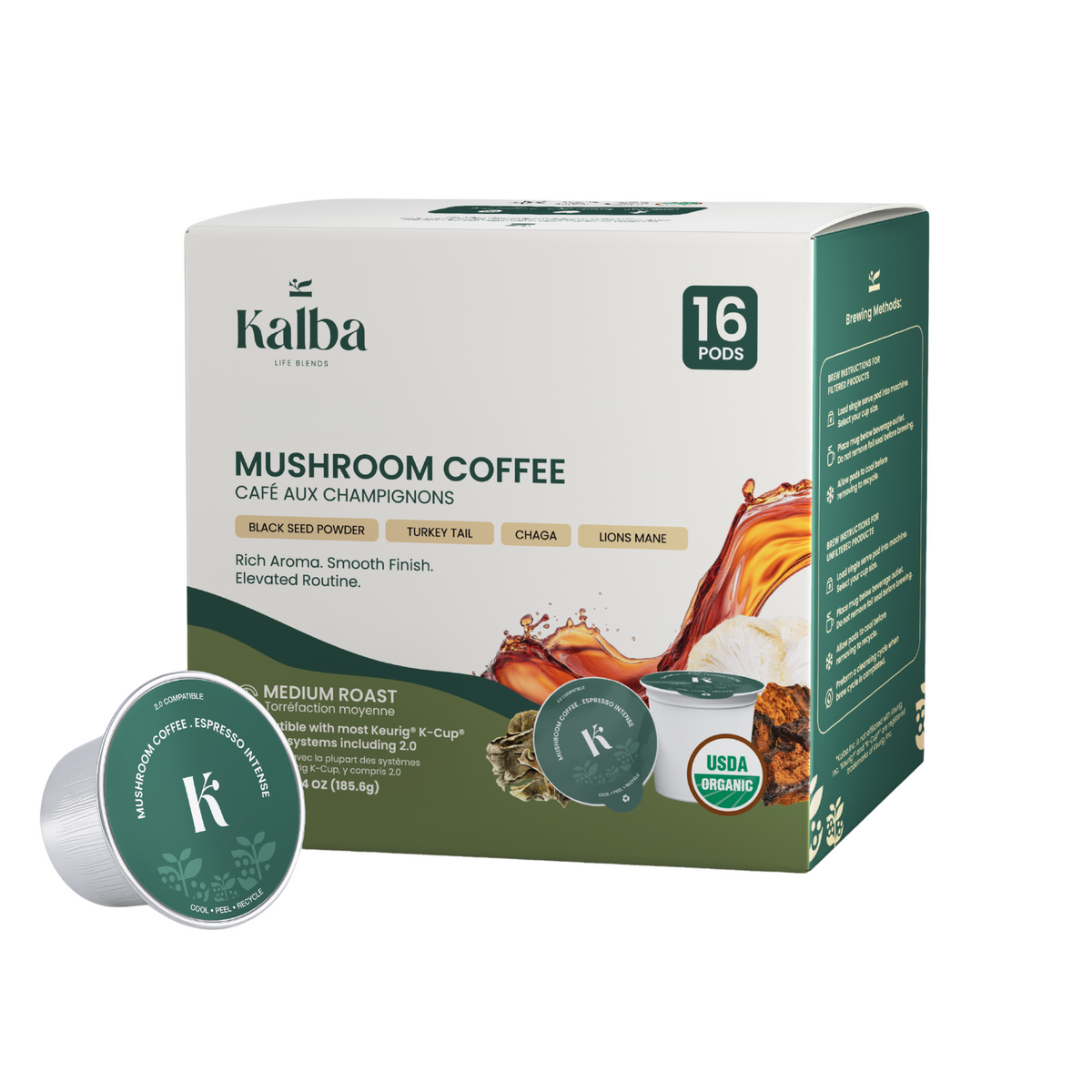 Kalba Mushroom Coffee box of 16 pods with a pod and coffee pour