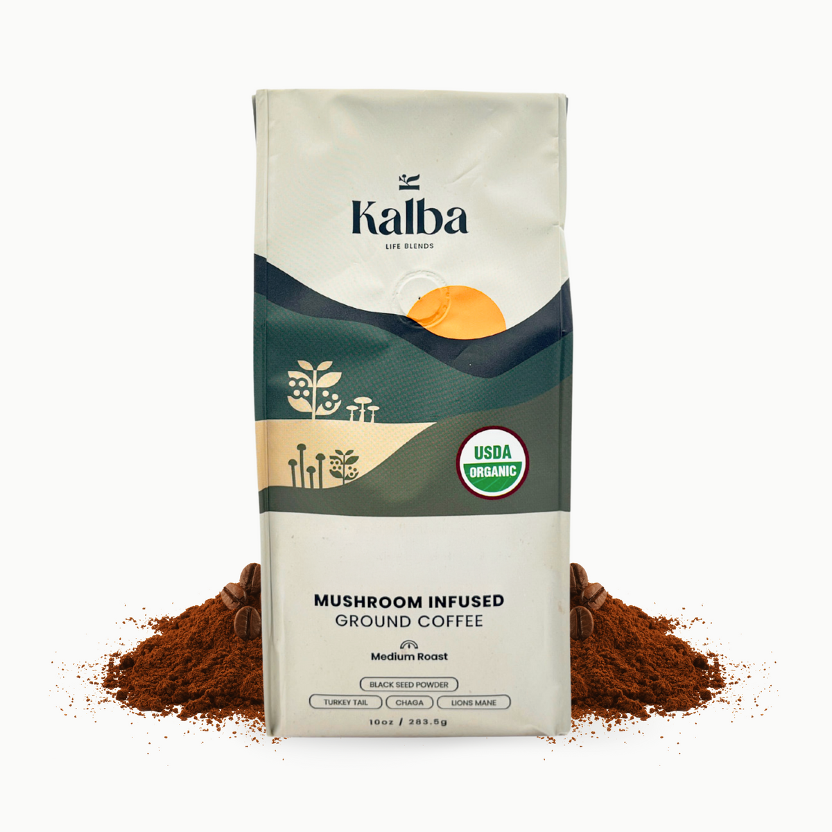 Kalba Mushroom Infused Ground Coffee 10oz bag with coffee grounds