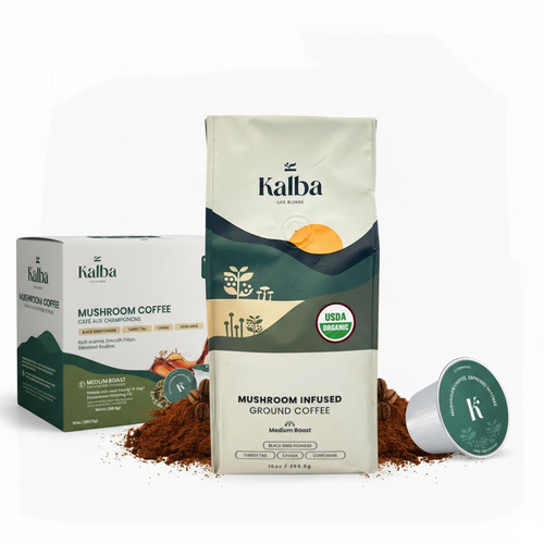 Kalba ground coffee bag with a box of Kalba coffee pods and a pod
