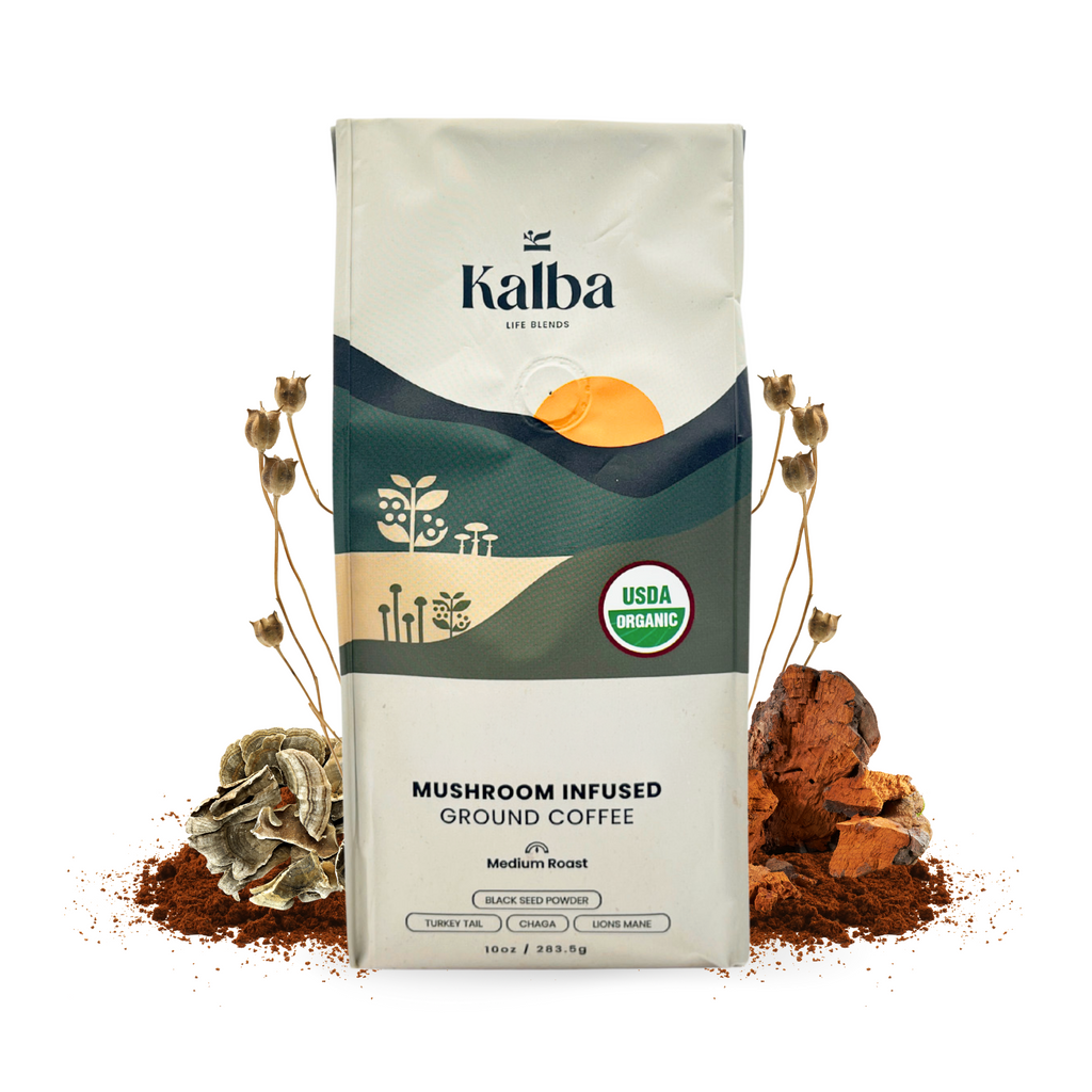 Kalba Mushroom Infused Ground Coffee 10oz bag with mushrooms and coffee grounds