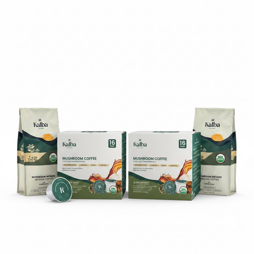 Two bags of Kalba ground coffee and two boxes of Kalba coffee pods