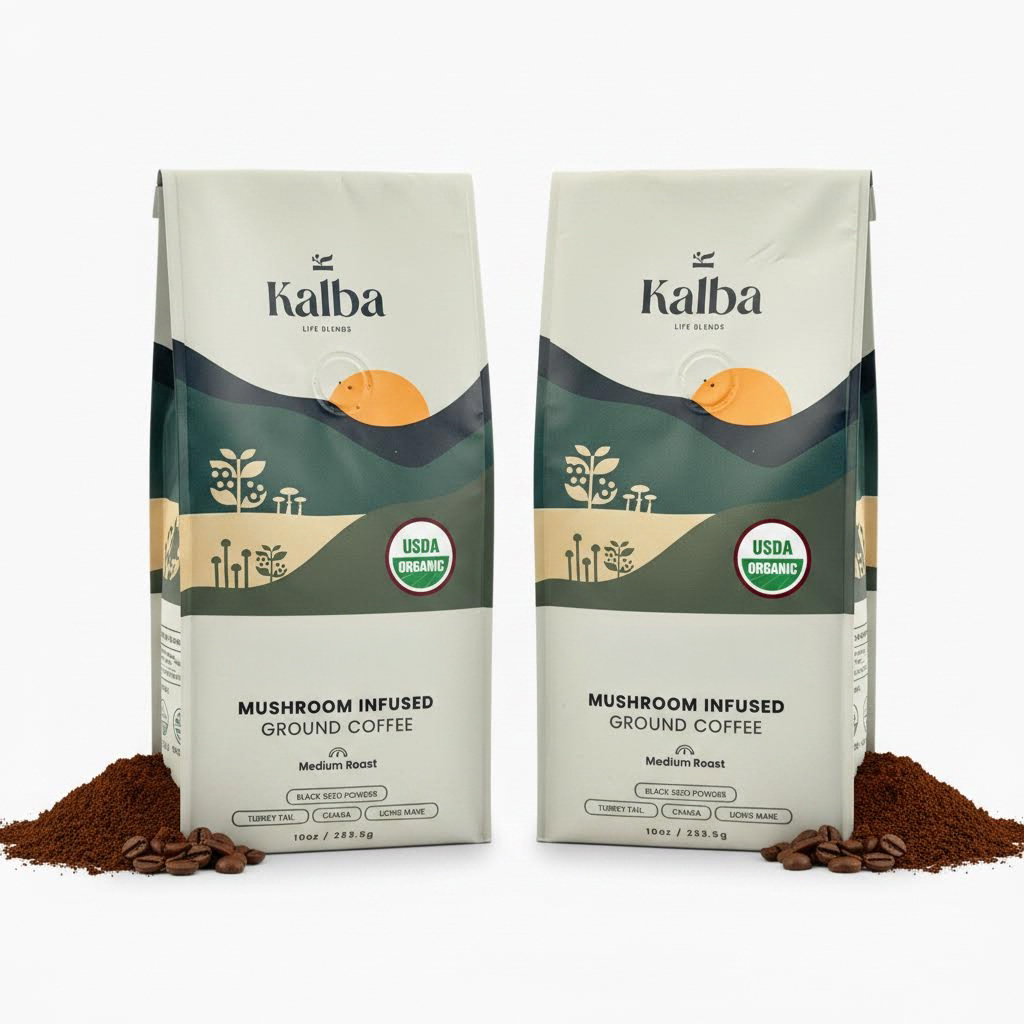 Two bags of Kalba Mushroom Infused Ground Coffee