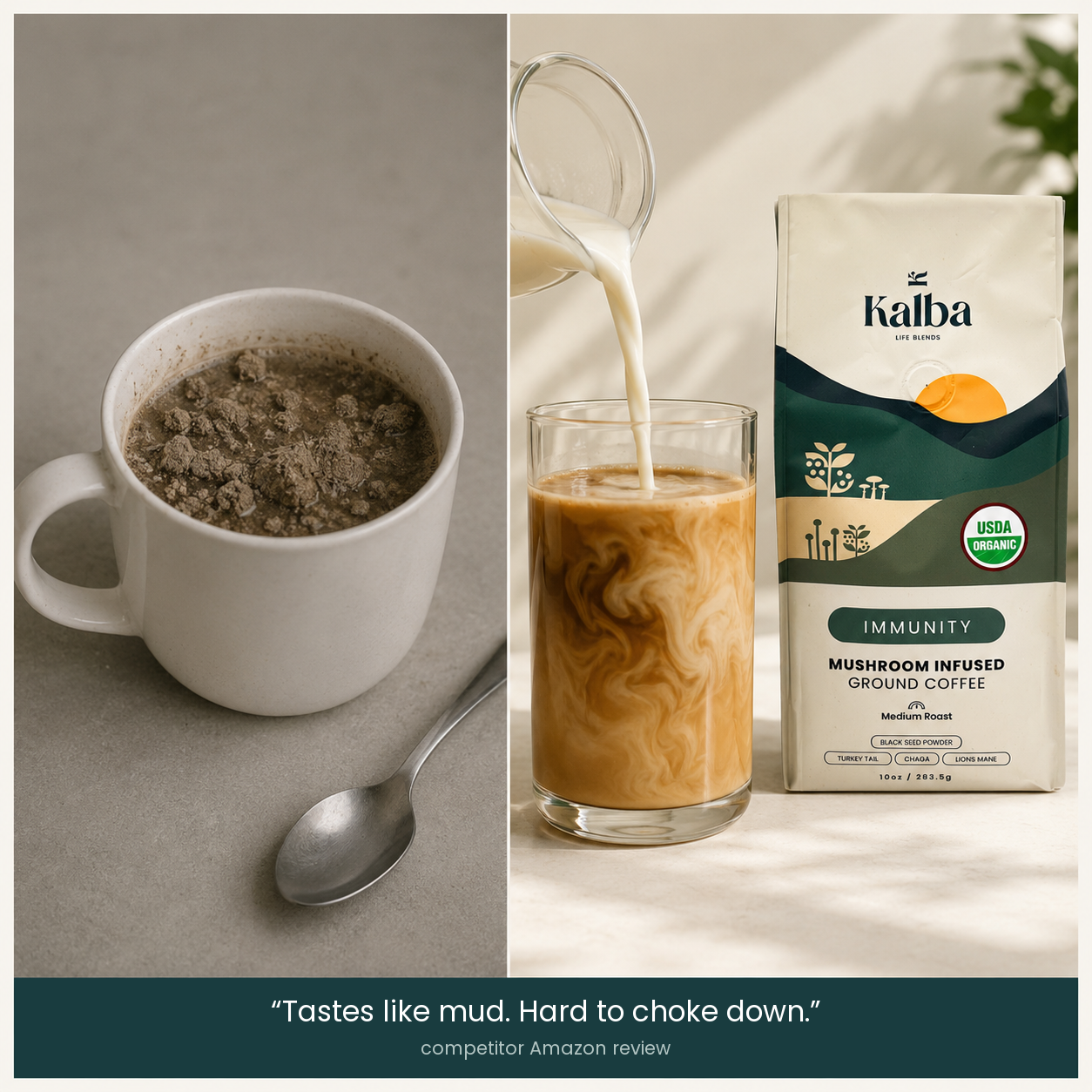 Instant mushroom powder next to a Kalba pour